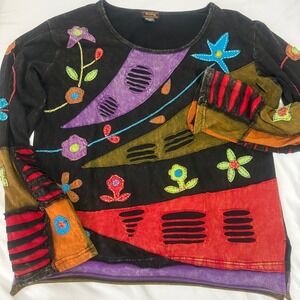 Rising International Boho Patchwork Razor Cut Floral Top Womens 1XL Cotton Nepal